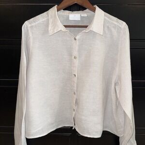 Cynthia Rowley 100% Linen Gray Taupe Boxy Cropped Button Up Blouse Size XL